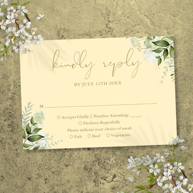 Smörblomma Gul Och Guld Grönska Bröllop OSA Kort (Buttercup Yellow And Gold Greenery Wedding RSVP Card)