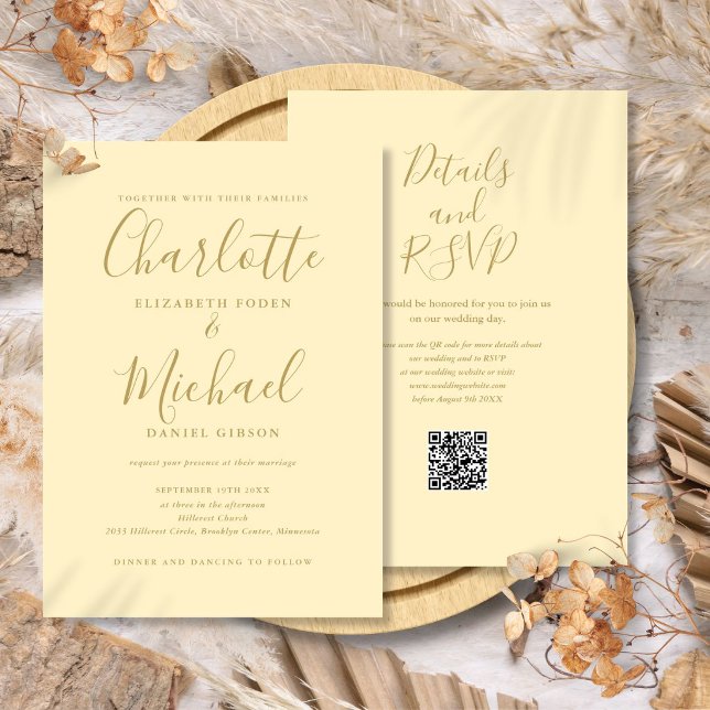 Smörblomma Gul och Guld QR-kod Bröllop Inbjudningar (Buttercup Yellow and Gold QR Code Wedding Invitation)