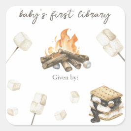S'more baby shower - barnets första bibliotek fyrkantigt klistermärke