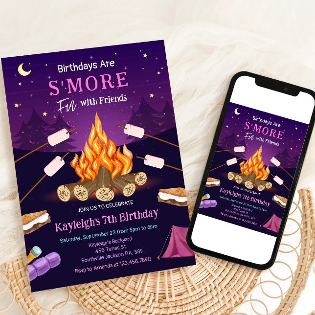 S'more-bål campingfest födelsedagsinbjudan inbjudningar (Skapare uppladdad)