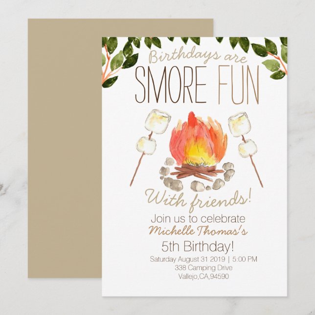 Smore Campfire camping-födelsedagsinbjudan Inbjudningar (Fram/baksida)