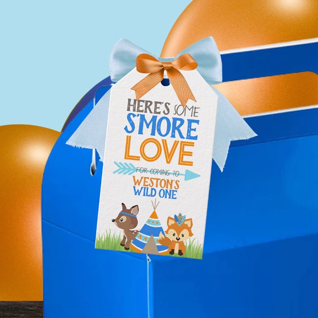 Smore Kärlek Woodland Vild en födelsedagsetiketter Presentetikett (Smore Love Tribal Wild One Personalized 1st Birthday Favor Tags for Wild One or One Happy Camper)