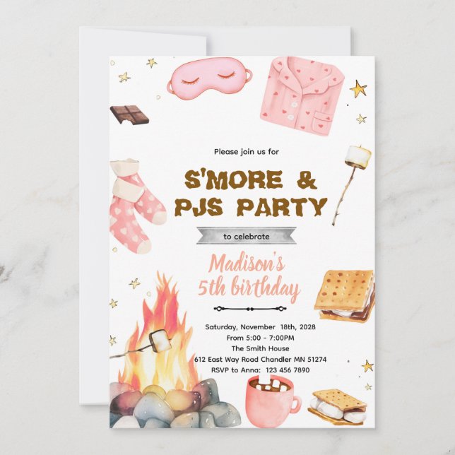 S'more pajamas party theme invitation inbjudningar (Framsida)