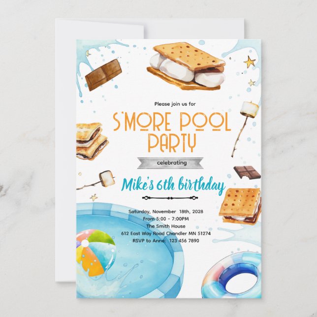 S'more pool birthday party invitation inbjudningar (Framsida)