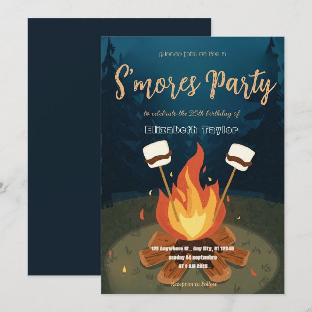 S'mores Birthday Party Invitation – Cozy Campfire  Inbjudningar (Fram/baksida)
