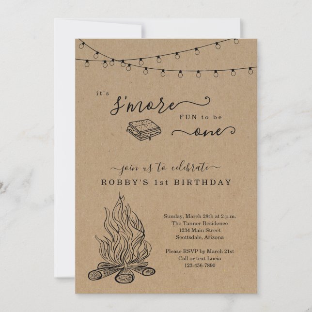 S'mores First Födelsedagsfest inbjudan (Framsida)