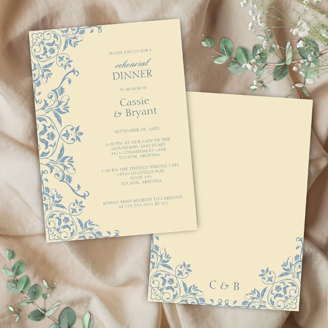 Smörets Gult - inbjudan till repetitionsmiddagsinb (elegant old money butter yellow and dusty blue wedding rehearsal dinner invitation with chintz)
