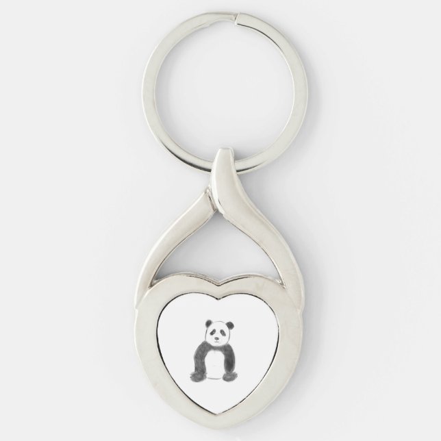 Smörfärgad och vit pandasketch twisted heart silverfärgad nyckelring (Framsidan)