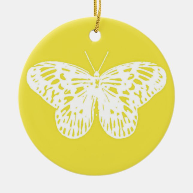 Smörflygsketch, senap guld och vit julgransprydnad keramik (Framsidan)