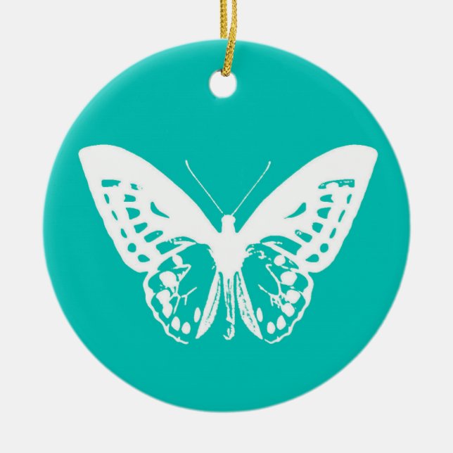 Smörflygsketch, turkos och vitt julgransprydnad keramik (Framsidan)