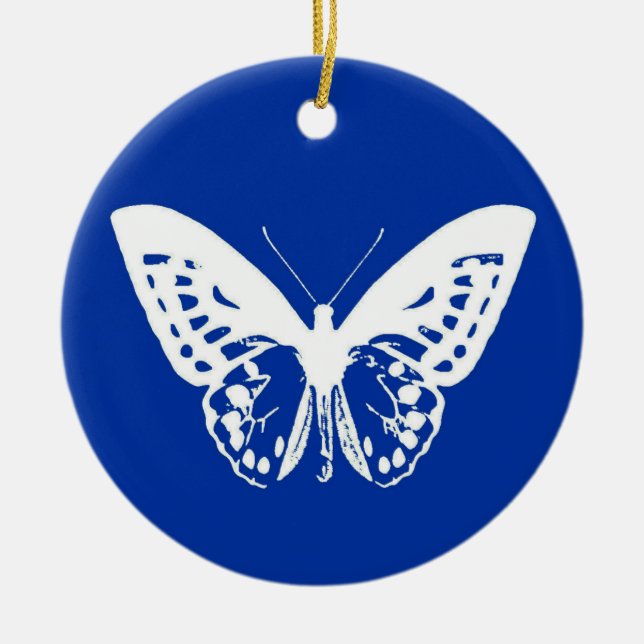 Smörflygskiss, koboltblå och vit julgransprydnad keramik (Framsidan)