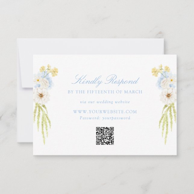 Smörgul Bebisblå Blommig Bröllops QR-kod OSA Kort (Framsida)