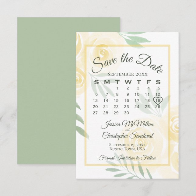 Smörgul Boho Rosor Elegant Kalender Bröllop Spara Datumet (Fram/baksida)