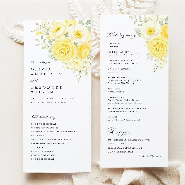 Smörgul Elfenbens Blommig Bröllopsceremoni Program (butter yellow ivory floral wedding program card, ceremony program front and back, elegant stationery)