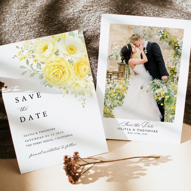 Smörgul Elfenbens Blommig Bröllopsfoto Spara Datumet (butter yellow photo save the date, yellow cream ivory floral wedding announcement with photo)