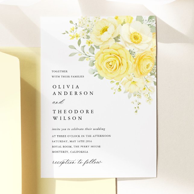 Smörgul Elfenbensfärgad Blommig Bröllop Inbjudningar (butter yellow ivory floral wedding invitation yellow rose invitation elegant wedding stationery)