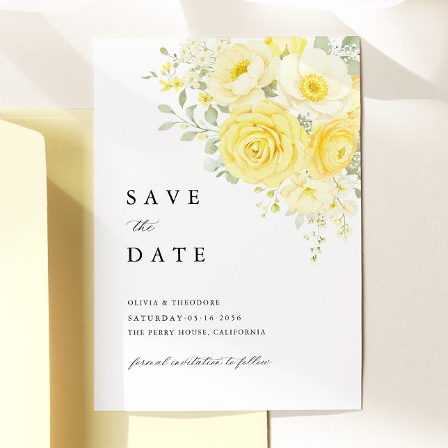 Smörgul Elfenbensfärgad Blommig Bröllop Spara Datumet (butter yellow ivory floral save the date, yellow rose save the date card elegant wedding stationery)