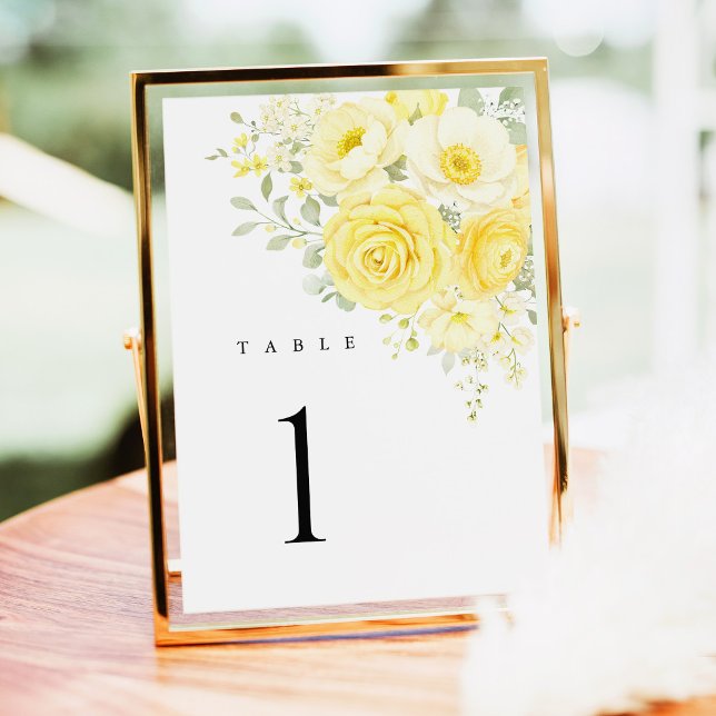 Smörgul Elfenbensfärgad Blommig Bröllops Bordskort (butter yellow ivory floral wedding table number, yellow rose table number sign reception table decor)