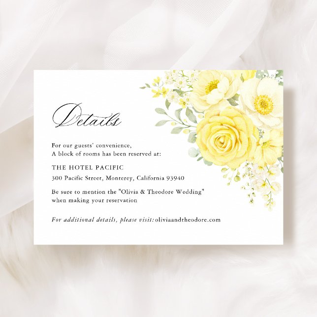 Smörgul Elfenbensfärgad Blommig Bröllopshotellinfo Tilläggskort (butter yellow ivory floral wedding details card hotel accommodation elegant wedding information card)