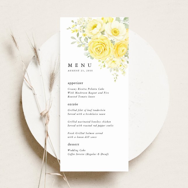 Smörgul Elfenbensfärgad Blommig Bröllopsreception Meny (butter yellow ivory floral wedding menu card yellow rose menu elegant reception table setting)