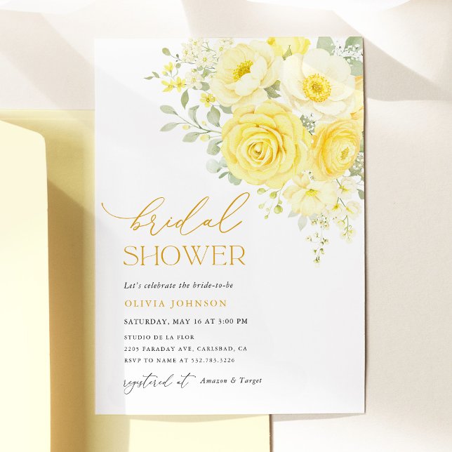 Smörgul Elfenbensvit Blommig Bröllopsfest Inbjudningar (Butter yellow ivory floral bridal shower invitation, watercolor yellow roses bridal shower invite)