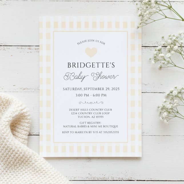 Smörgul Karamellrandig Baby Shower Chic Inbjudningar (chic yellow and white preppy plaid baby shower invitation with heart elegant script typography)