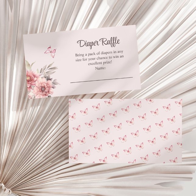 Smöroflugan och blommor, babyskor tilläggskort (Butterfly and Flower Baby Shower Diaper Raffle Enclosure Card on a white dry palm leaf.)