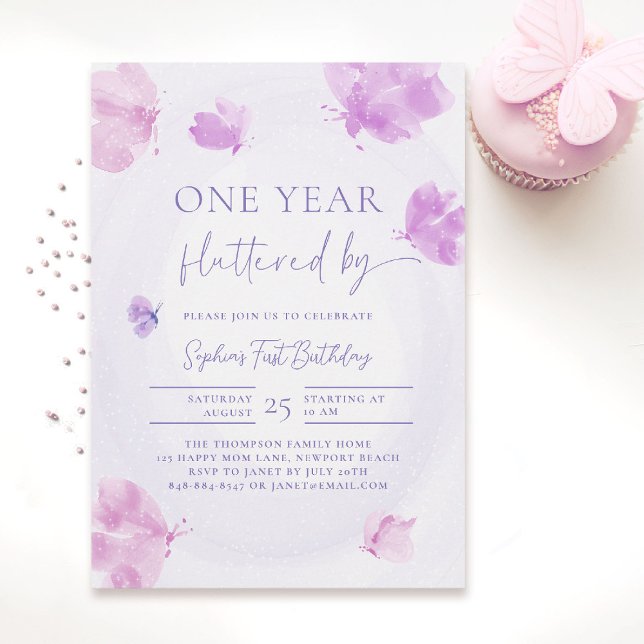 Smöroflugan som flugits fram av Lila Rosa 1:a föde Inbjudningar (butterfly themed 1st birthday invitation girls pink purple watercolor one year fluttered by)