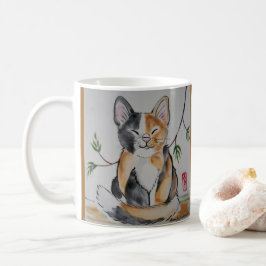 Smug Calico Cat och Bamboo Oriental Stil Tile Art Kaffemugg