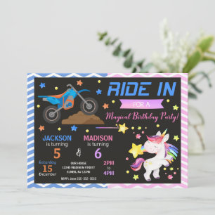 Smutsig motorcykel & enhörning gemensam födelsedag inbjudningar