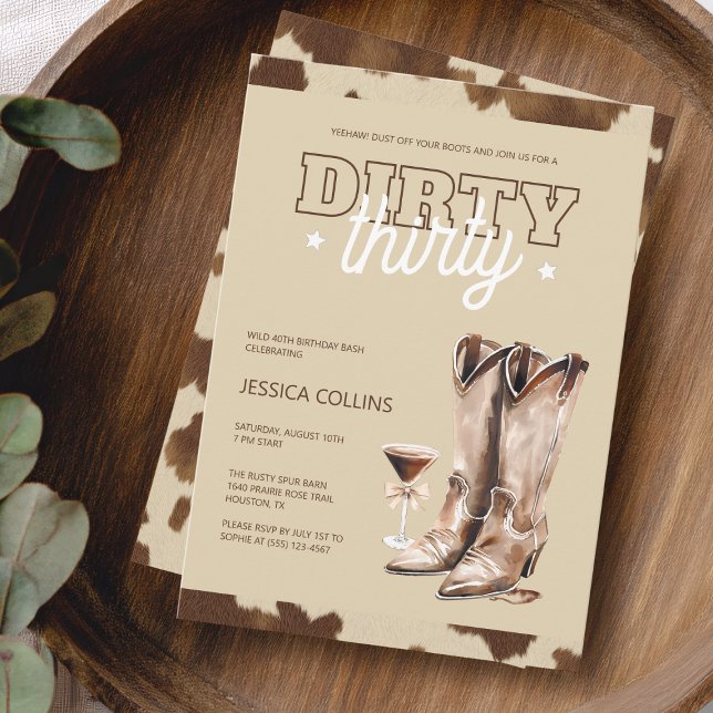 Smutsiga Trettio Western Country 30-års födelsedag Inbjudningar (Dirty Thirty Western Country 30th Birthday Party Invitation)