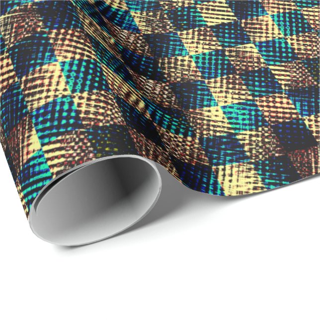 Smutsigt schack och skrapad effekt, blått och gult presentpapper (Rullad Hörn)