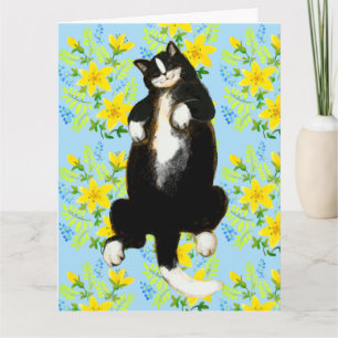 Smutskatt sover på blommig säng kort