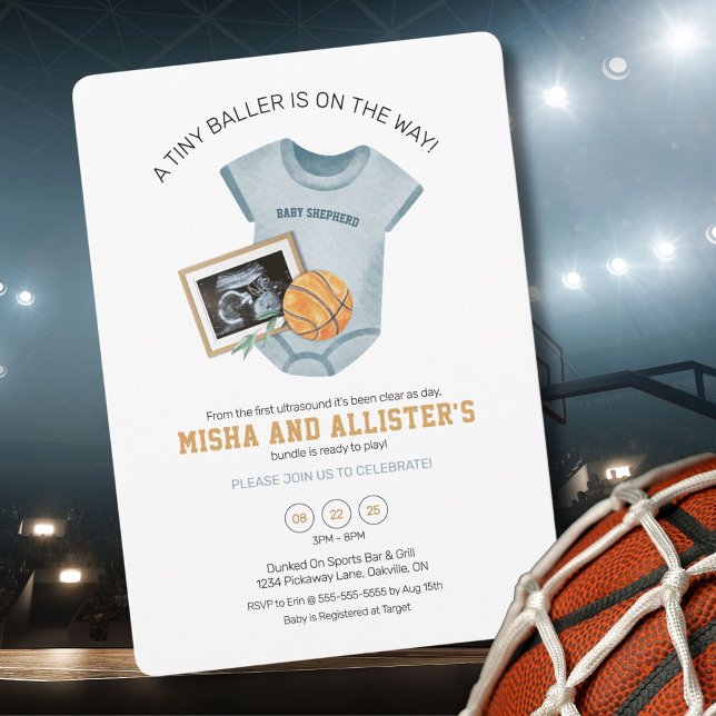 SMY Baller Basketball Baby Shower-inbjudan Inbjudningar (Basketball-themed baby shower invite for your future MVP, personalized perfectly.)
