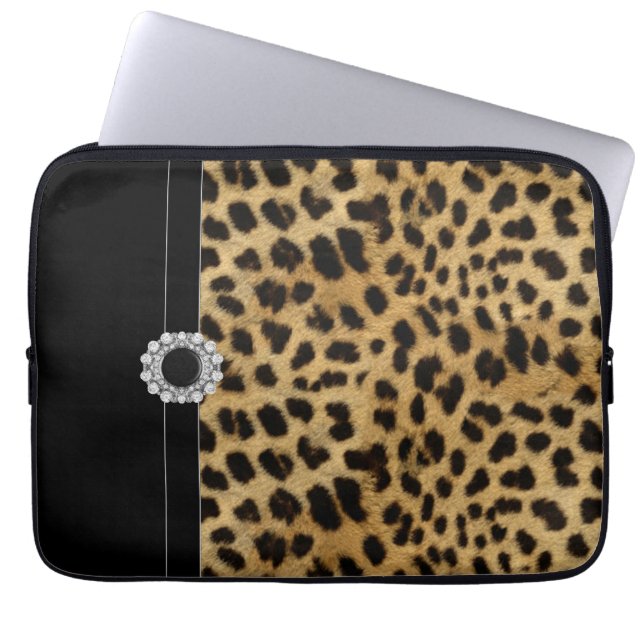 Smyckad svart leopard laptopsleeve laptop fodral (Framsidan)