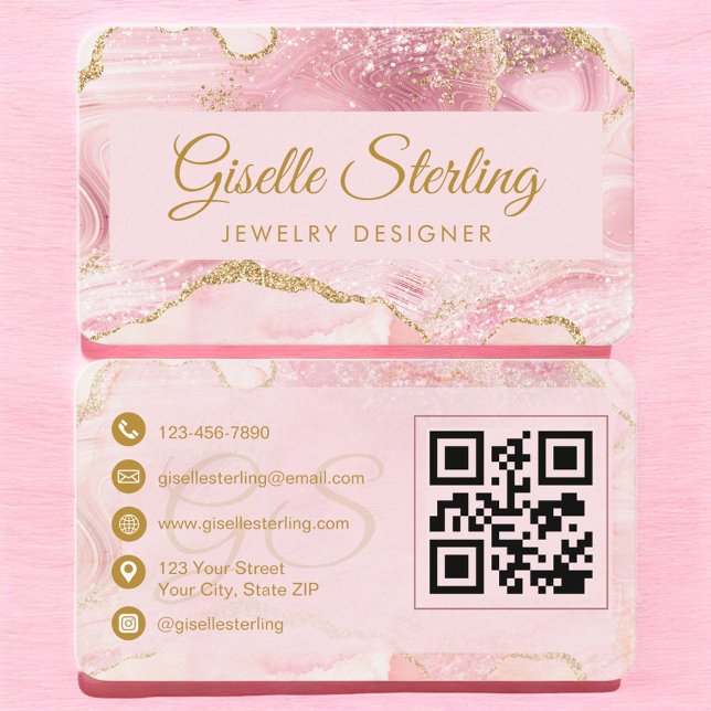 Smyckedesigner Rosa Guld Agat QR-kod Visitkort (Skapare uppladdad)