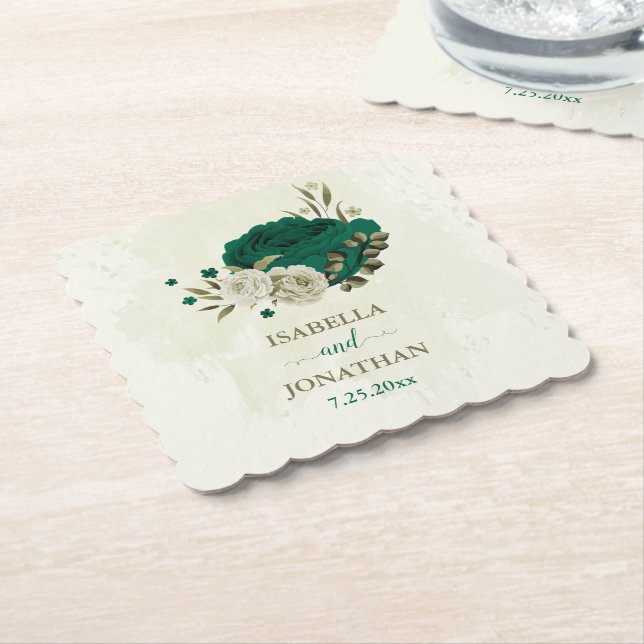 smyckegrön beige blommor bröllop underlägg papper (Vinklad)
