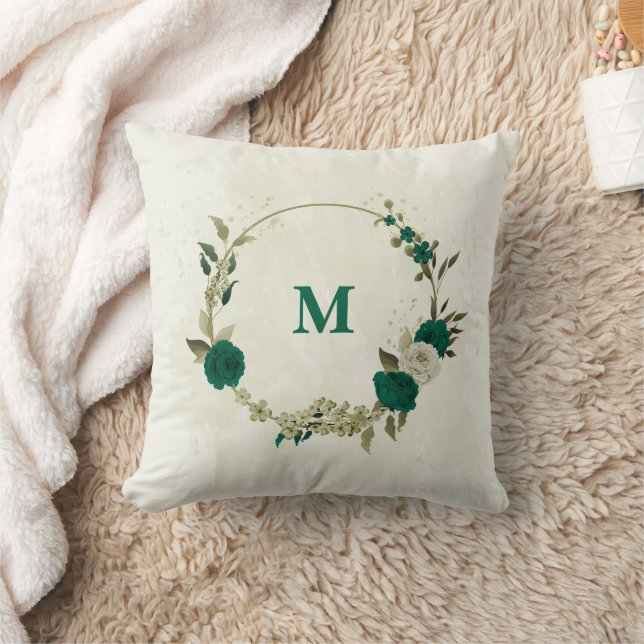 smyckegrön beige blommor kudde (Filt)