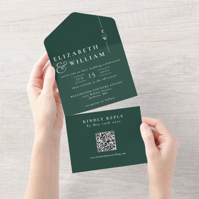 Smyckegrön minimalistisk monogram QR-kod bröllop (Avrivbar del)