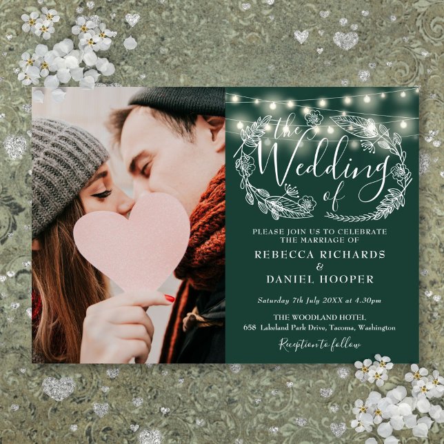 Smyckegrön strängbelysning Blommande Foto Bröllop Inbjudningar (Emerald Green String Lights Floral Photo Wedding Invitation)