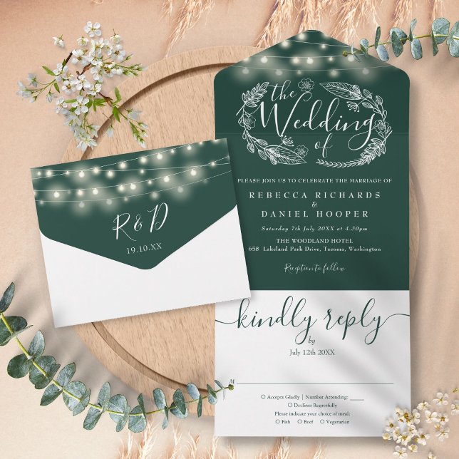 Smyckegrön stränglyktor lövbröllop (Emerald Green String Lights Foliage Wedding All In One Invitation)