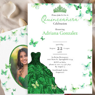 Smyckegröna fjärilar Klänning Foto Quinceanera Inbjudningar