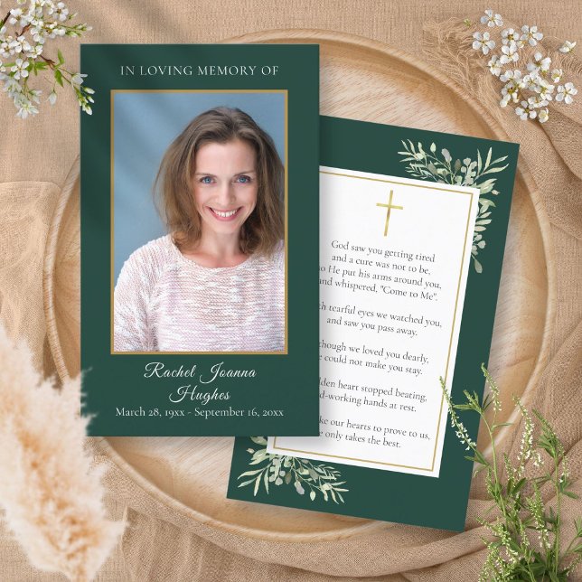 Smyckegulda fotobegravningskort med böner visitkort (Emerald Gold Photo Funeral Memorial Prayer Cards)