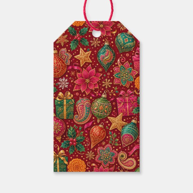 Smyckesfärgade Paisley-julpresentkort Presentetikett (Framsidan)