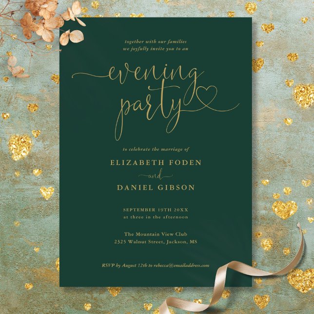 Smyckesgrön och guld Skript Bröllopsfest på kvälle Inbjudningar (Emerald And Gold Script Wedding Evening Party Invitation)