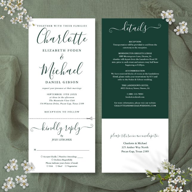 Smyckesgrön Script Allt I Ett Bröllop Inbjudningar (Emerald Green Script All In One Wedding Invitation)