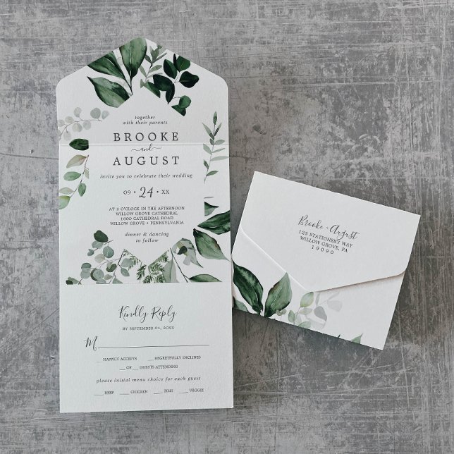Smyckesgrön växtlighet Bröllop Allt-i-ett-inbjudan (Emerald Greenery Wedding All In One Invitation)