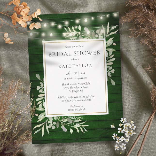 Smyckesgröna trädgårdsljus grönska bröllopsdusch inbjudningar (Emerald Wood String Lights Greenery Bridal Shower Invitation)
