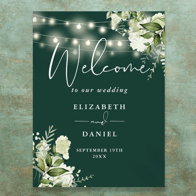 Smyckesnora blomster bröllop välkomstskylt poster (Emerald String Lights Floral Wedding Welcome Poster)
