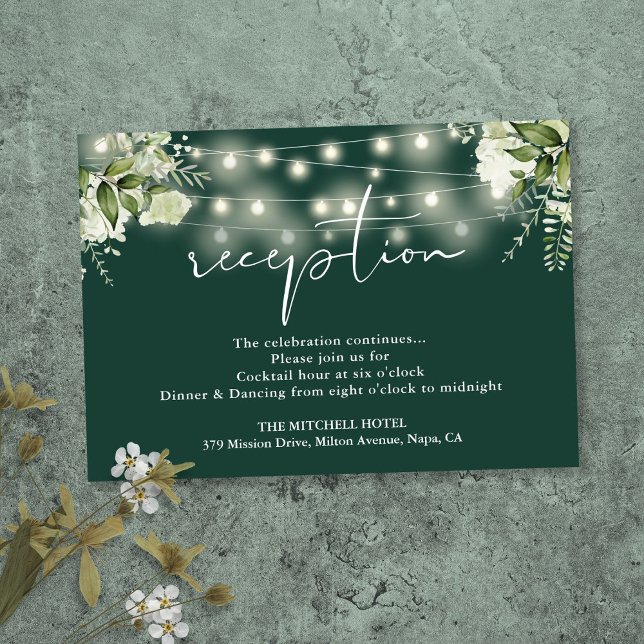 Smyckesnora med smaragdgröna ljus för bröllopsmott tilläggskort (Emerald String Lights Floral Wedding Reception Enclosure Card)